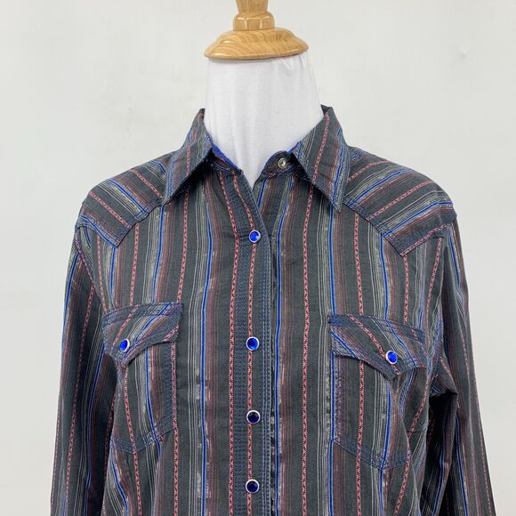 Wrangler Rock 47 Shirt Women M Medium Stripe Cotton Blend Rhinestone Snap Button - Picture 3 of 9